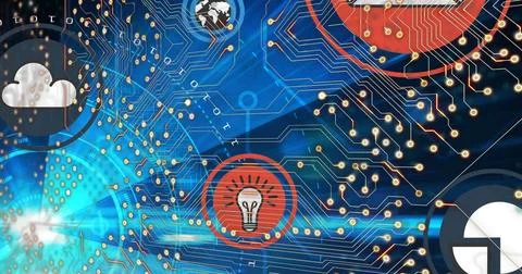 Image of integrated circuit and tech icons over globe and blue background Stock Illustration
