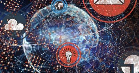 Image of integrated circuit and tech icons over globe with connections and black Stock Illustration