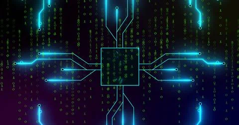 Image of integrated circuit over binary code on digital screen Stock Illustration