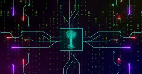 Image of integrated circuit over binary code on digital screen Stock Photos