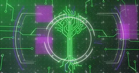 Image of integrated circuit over data processing on digital screen with circles Foto stock
