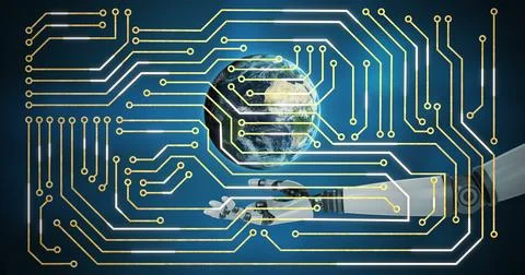 Image of integrated circuit over globe and arm of robot Stock Illustration