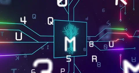 Image of integrated circuit over numbers and letters on digital screen Stock Illustration