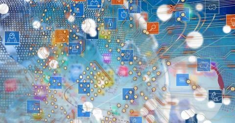 Image of integrated circuit over tech icons, globe and blue background Stock Illustration