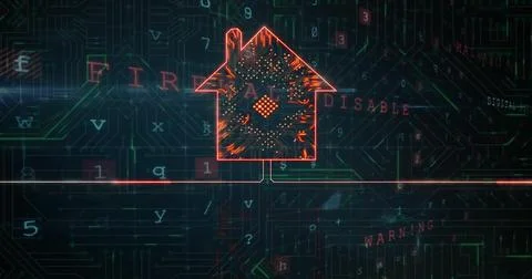 Image of intelligent home and data processing over virus warning text Illustrazione stock