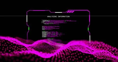 Image of interface analysing information over pink network wave on black Stock Photos