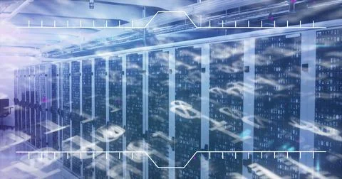 Image of interface with binary coding and mathematical equations against server Stock Photos