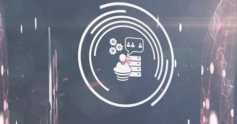 Image of interface with business and data sharing icons over global network and Stock Photos
