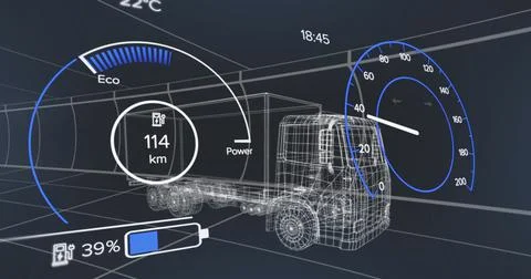 Image of interface with charging battery icon and speedometer over truck Stock Illustration
