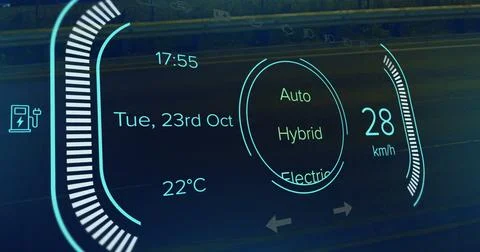 Image of interface with charging battery icon and speedometer over road Stock Illustration