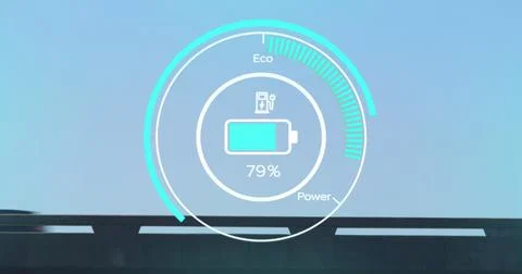 Image of interface with charging battery icon and speedometer over road 스톡 사진
