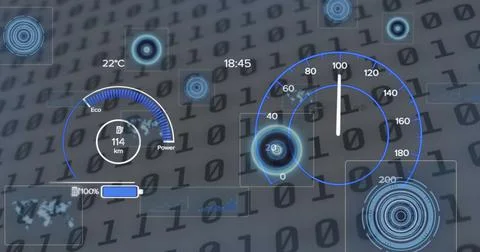 Image of interface with charging battery icon and speedometer over binary coding Stock Photos