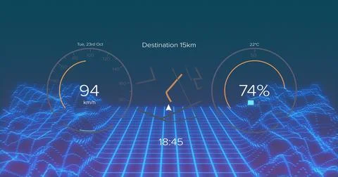 Image of interface with charging battery icon and speedometer over moving shapes Stock Photos