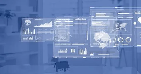 Image of interface charts processing data over interior with cityscape view Stock Illustration