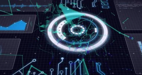 Image of interface with circular scope,motherboard and information moving on Stock Illustration