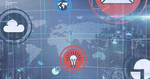 Image of interface with cloud and data sharing icons over world map and data Foto stock