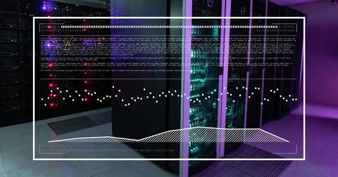 Image of interface with data processing against computer sever room Stock Illustration