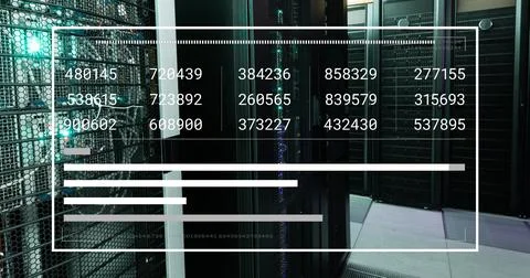 Image of interface with data processing against computer server room Stock Illustration