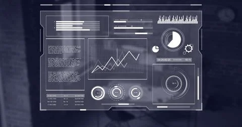 Image of interface with data processing against empty office 스톡 일러스트