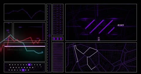 Image of interface with data processing against black background Illustrazione stock