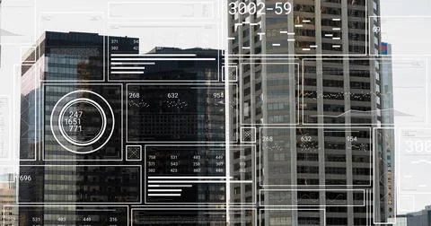 Image of interface with data processing against tall buildings Stock Illustration