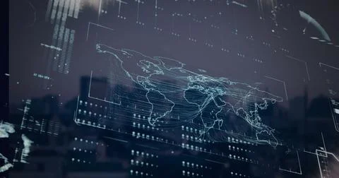 Image of interface with data processing against aerial view of tall buildings Stock Photos