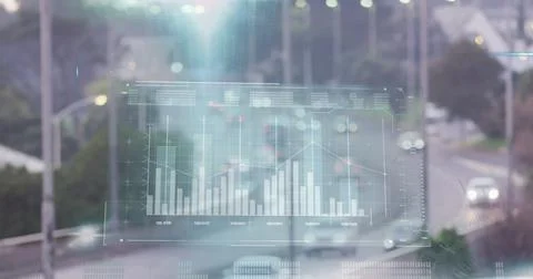 Image of interface with data processing against aerial view of city traffic Foto stock