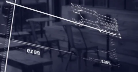 Image of interface with data processing against empty cafe at office Stock Photos