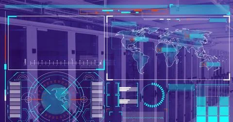 Image of interface with data processing against computer server room 스톡 사진