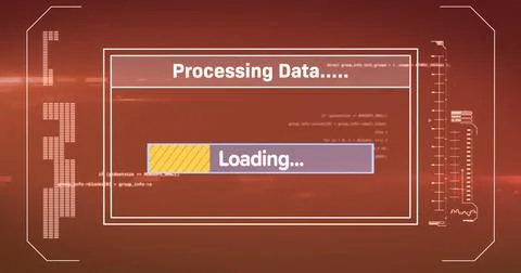 Image of interface with data processing against light spot on red background Stock Photos