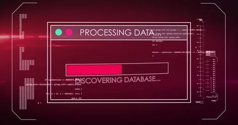 Image of interface with data processing against light spot on red background Stock Photos