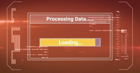 Image of interface with data processing against light soot on red background Stock Photos