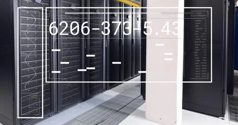 Image of interface with data processing against computer server room Foto stock