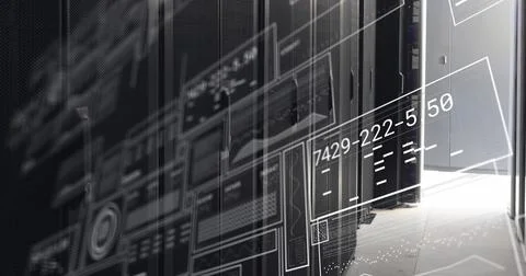 Image of interface with data processing against computer server room Stock Photos