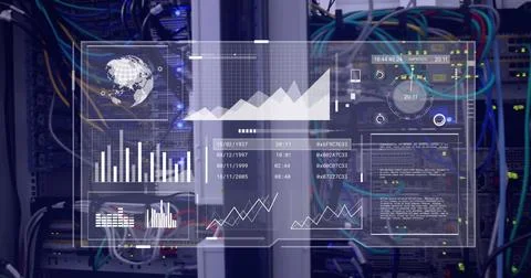 Image of interface with data processing against close up of a computer server Foto stock