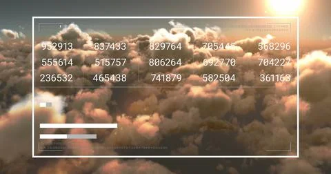 Image of interface with data processing against clouds and shining sun in the Stock Photos