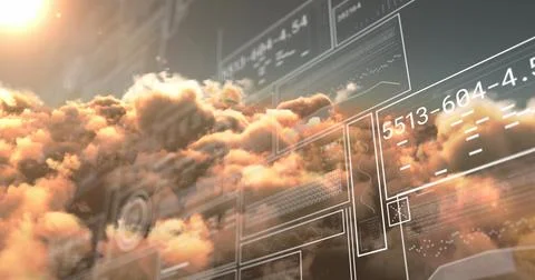 Image of interface with data processing against clouds and shining sun in the Stock Photos