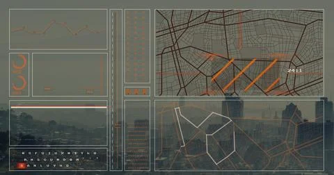 Image of interface with data processing against aerial view of cityscape Stock Photos