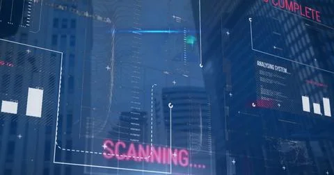 Image of interface with data processing against tall buildings Stock Photos