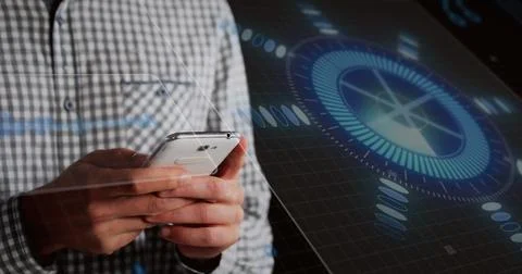 Image of interface with data processing against mid section of man using Stock Photos