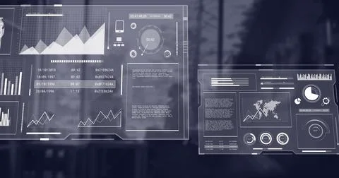 Image of interface with data processing against man and woman near a window at Stock Photos