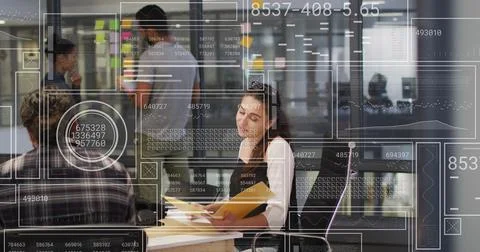 Image of interface with data processing against diverse man and woman discussing Stock Photos