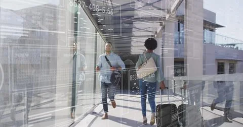 Image of interface with data processing against biracial man running in the Foto stock