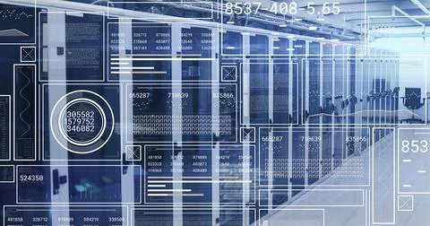 Image of interface with data processing against computer server room Foto stock