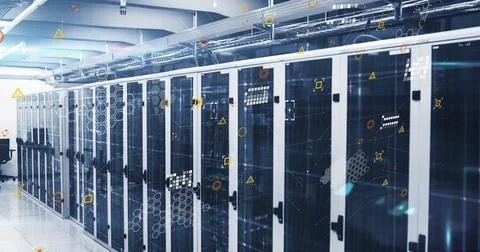 Image of interface with data processing against computer server room 스톡 사진