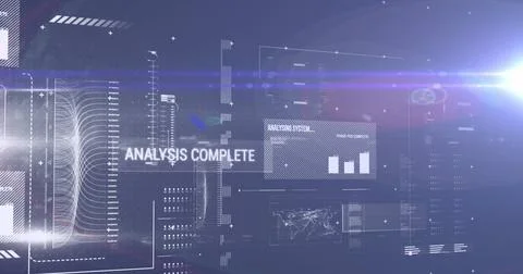 Image of interface with data processing against light spot on blue background Stock Photos