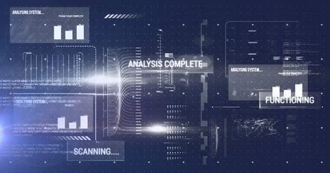 Image of interface with data processing against light spot on black background Stock Photos