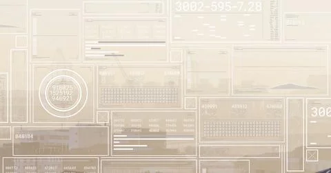 Image of interface with data processing against aerial view of cityscape 写真素材