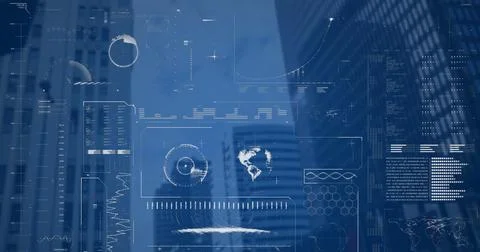 Image of interface with data processing against low angle view of tall buildings Stock Photos