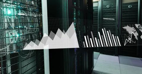 Image of interface with data processing against computer server room Stock Photos